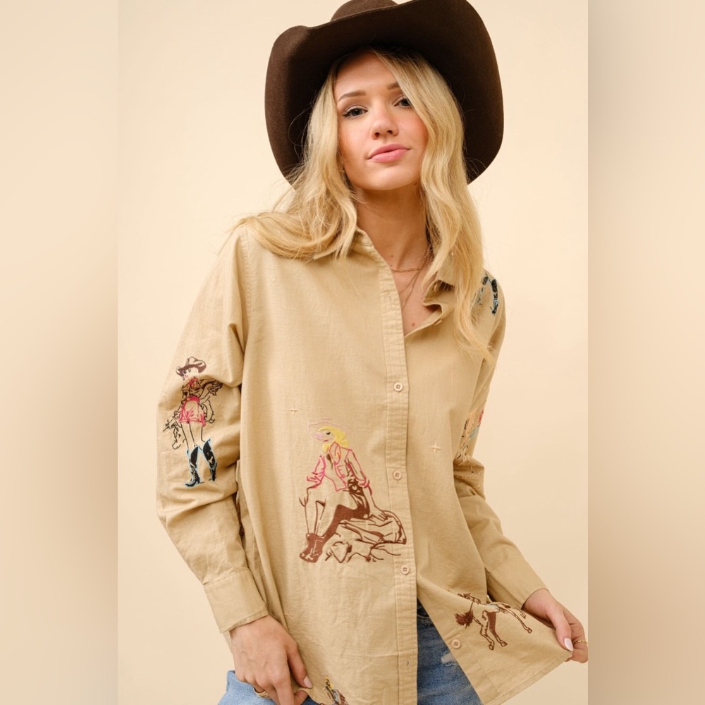 Embroidered Western Cowgirl Linen Shirt Blouse - Blue B - Picture 3 of 7